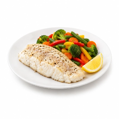 Food 4 Fitness Sous Vide Salt & Pepper Hake Fillet with a Lemon Wedge Seasonal Mix Veg 350g
