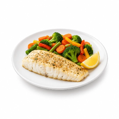 Food 4 Fitness Sous Vide Salt & Pepper Hake Fillet with a Lemon Wedge Seasonal Mix Veg 450g