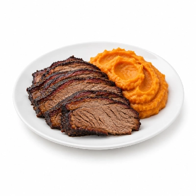 Food 4 Fitness Texas Style Smoked Brisket with a Hickory BBQ Sweet Potato Mash 250g