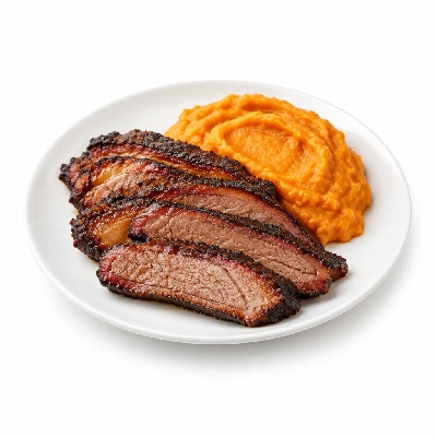 Food 4 Fitness Texas Style Smoked Brisket with a Hickory BBQ Sweet Potato Mash 350g