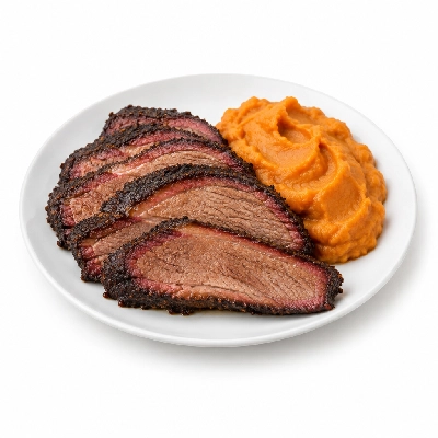 Food 4 Fitness Texas Style Smoked Brisket with a Hickory BBQ Sweet Potato Mash 450g
