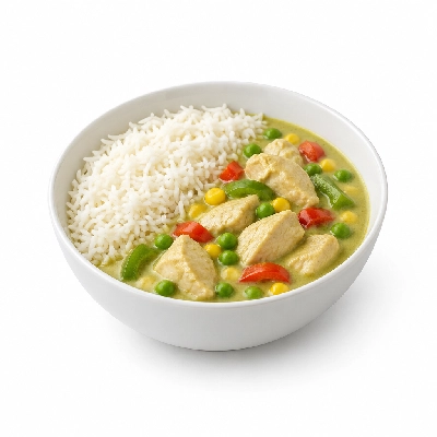 Food 4 Fitness Thai Chicken Green Curry Sauce Basmati Rice & Peas Corn Capsicum 250g