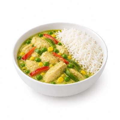 Food 4 Fitness Thai Chicken Green Curry Sauce Basmati Rice & Peas Corn Capsicum 350g