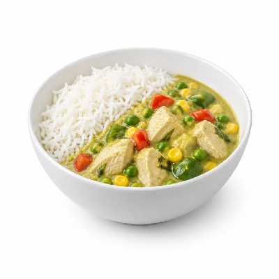 Food 4 Fitness Thai Chicken Green Curry Sauce Basmati Rice & Peas Corn Capsicum 450g