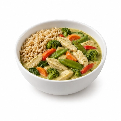 Food 4 Fitness Thai Chicken Green Curry Sauce Brown Rice & Seasonal Mix Veg 250g