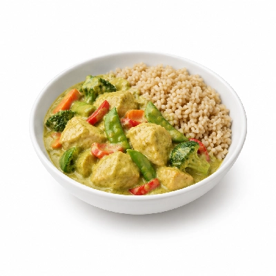 Food 4 Fitness Thai Chicken Green Curry Sauce Brown Rice & Seasonal Mix Veg 350g