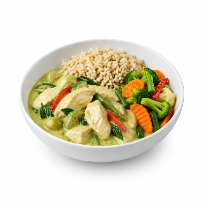 Food 4 Fitness Thai Chicken Green Curry Sauce Brown Rice & Seasonal Mix Veg 450g