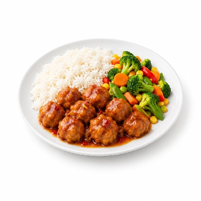 Food 4 Fitness Thai Style Chicken Meatballs with a Sweet Chilli Ginger Sauce and Lemon Wedge Basmati Rice & Seasonal Mix Veg 350g