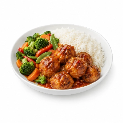 Food 4 Fitness Thai Style Chicken Meatballs with a Sweet Chilli Ginger Sauce and Lemon Wedge Basmati Rice & Seasonal Mix Veg 450g