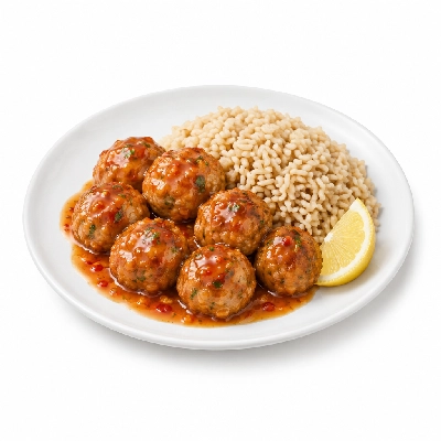 Food 4 Fitness Thai Style Chicken Meatballs with a Sweet Chilli Ginger Sauce and Lemon Wedge Brown Rice 450g