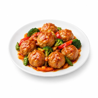 Food 4 Fitness Thai Style Chicken Meatballs with a Sweet Chilli Ginger Sauce and Lemon Wedge Seasonal Mix Veg 250g