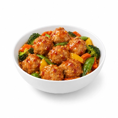 Food 4 Fitness Thai Style Chicken Meatballs with a Sweet Chilli Ginger Sauce and Lemon Wedge Seasonal Mix Veg 350g