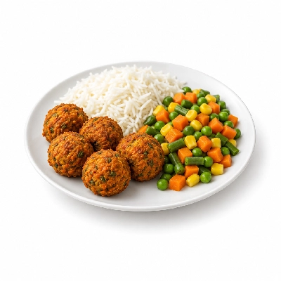 Food 4 Fitness Vegetarian Carrot Falafel Basmati Rice & Seasonal Mix Veg 350g