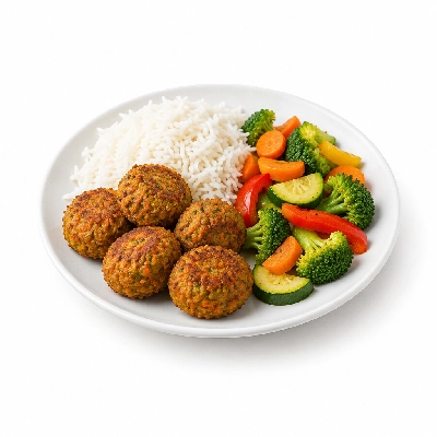 Food 4 Fitness Vegetarian Carrot Falafel Basmati Rice & Seasonal Mix Veg 450g