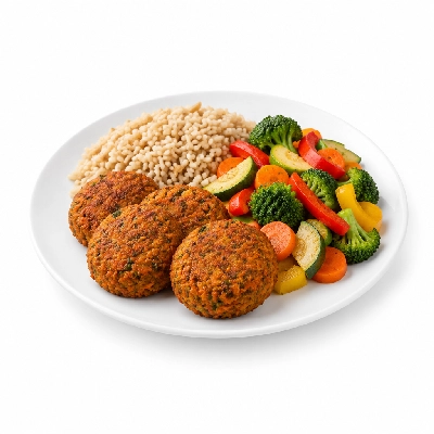 Food 4 Fitness Vegetarian Carrot Falafel Brown Rice & Seasonal Mix Veg 250g