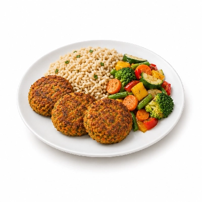 Food 4 Fitness Vegetarian Carrot Falafel Brown Rice & Seasonal Mix Veg 350g