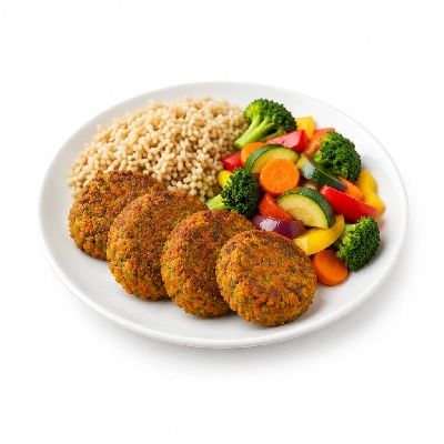 Food 4 Fitness Vegetarian Carrot Falafel Brown Rice & Seasonal Mix Veg 450g