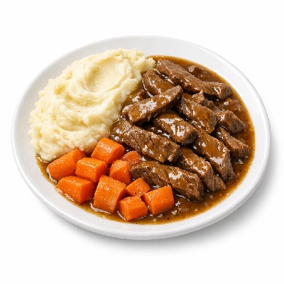 Freezer queen gravy & sliced beef meal mashed potatoes and carrots frozen
