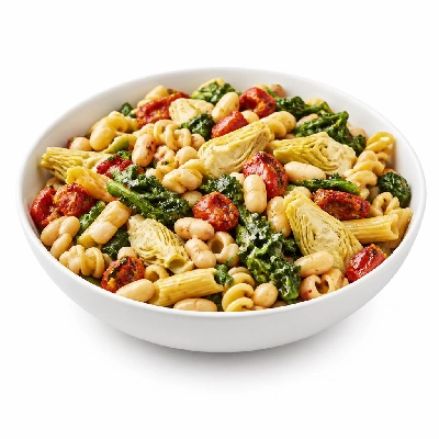 FRESHdirect Eatingwell Magazine 4 Minute Meals White Beans Pearl Pasta & Artichokes with Roasted Tomatoes Rapini
