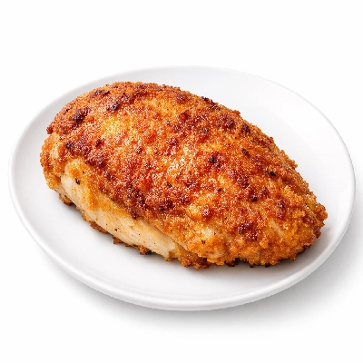 Fried chicken breast meat and skin, breaded