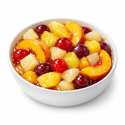 Fruit cocktail peach and pineapple pear grape cherry canned extra heavy syrup solids liquids