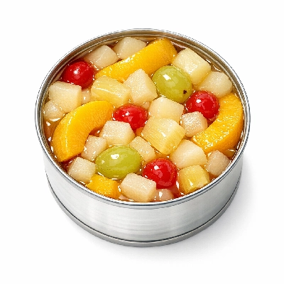 Fruit cocktail peach and pineapple pear grape cherry canned light syrup solids liquids