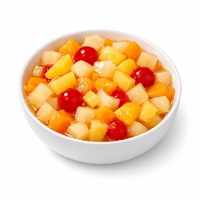 Fruit salad peach and pear apricot pineapple cherry canned heavy syrup solids liquids