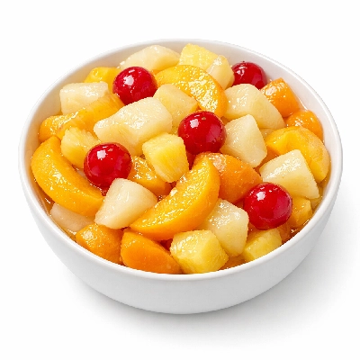 Fruit salad peach and pear apricot pineapple cherry canned light syrup solids liquids