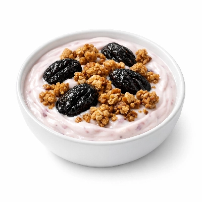 Fruit yogurt with granola and prunes