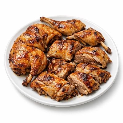 Game meat rabbit domesticated composite of cuts cooked roasted