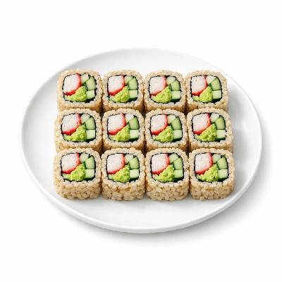 Genji Cooked Brown Rice 12 Piece Edamame Hummus California Roll