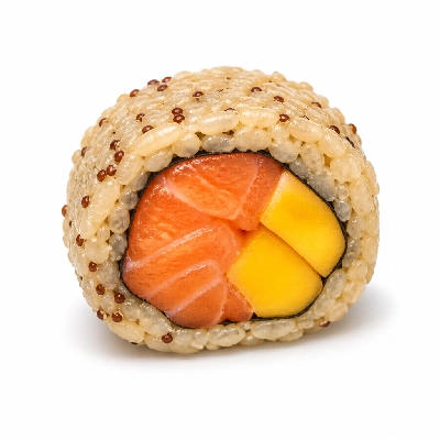 Genji Raw Sushi Brown Rice Spicy Salmon Mango Tango Roll