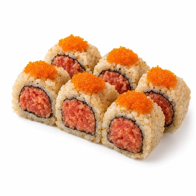 Genji Raw Sushi Brown Rice Spicy Tuna California Roll with Masago