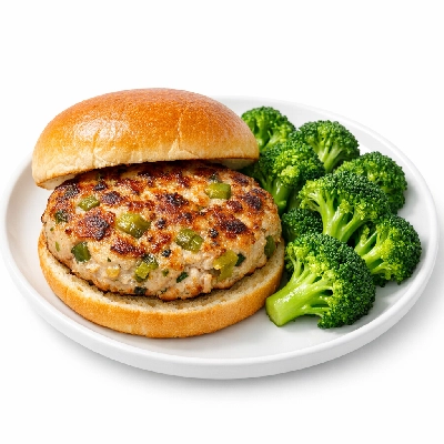 Green Chile Turkey Burger on Bun, & Broccoli