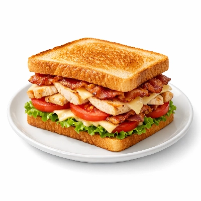 Grilled chicken, bacon, and tomato club sandwich, with cheese, lettuce, mayonnaise