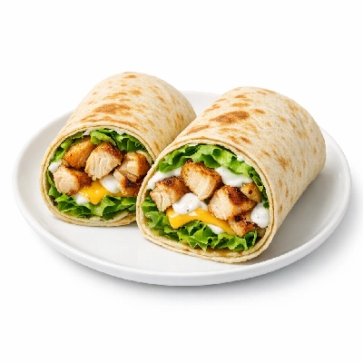 Grilled chicken in tortilla with lettuce, cheese, and ranch sauce