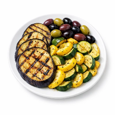 Grilled Eggplant with Colorful Summer Squash and Olives