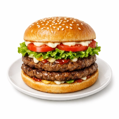 Hamburger, double large patty, with condiments, vegetables, and mayonnaise