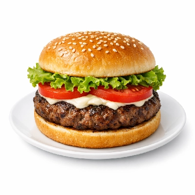 Hamburger large patty, with condiments, vegetables, and mayonnaise