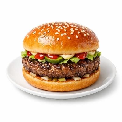 Hamburger single patty with condiments