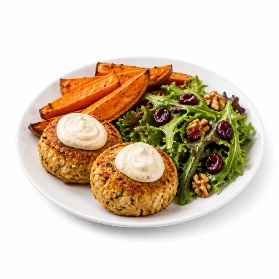 HelloFresh Aioli-Topped Crab Cakes and Roasted Sweet Potatoes a Cranberry Walnut Salad