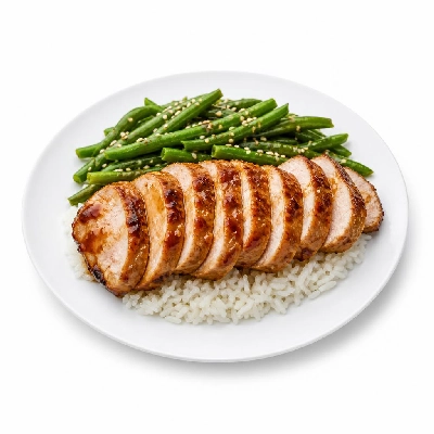 HelloFresh Apricot Balsamic-Glazed Pork Tenderloin over Ginger Rice with Sesame Green Beans