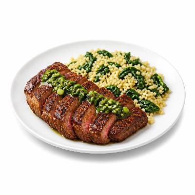 HelloFresh Argentine-Spiced Steak with Scallion Chimichurri and Spinach Couscous Salad