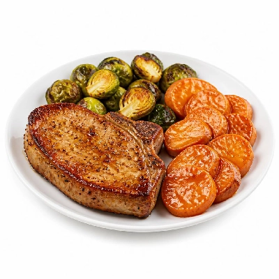 HelloFresh Autumn-Spiced Pork Chops with Roasted Brussels Sprouts and Honey Butter Sweet Potatoes