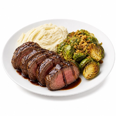 HelloFresh Balsamic-and-Fig Beef Tenderloin with Garlic Mashed Potatoes and Rosemary Breadcrumb Brussels Sprouts