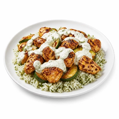 HelloFresh Berbere Chicken and Zucchini with Cilantro Rice and Lemon Yogurt Sauce
