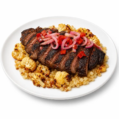 HelloFresh Blackened Steak and Roasted Cauliflower Salad with Israeli Couscous Pickled Shallots Red Pepper