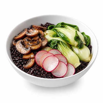 HelloFresh Bok Choy and Black Rice Veggie Bowl with Marinated Radishes Mushrooms