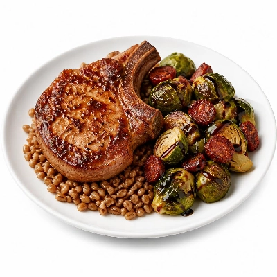 HelloFresh Bone-in Pork Chop over Farro with Crispy Chorizo Brussels Sprouts and Balsamic Glaze