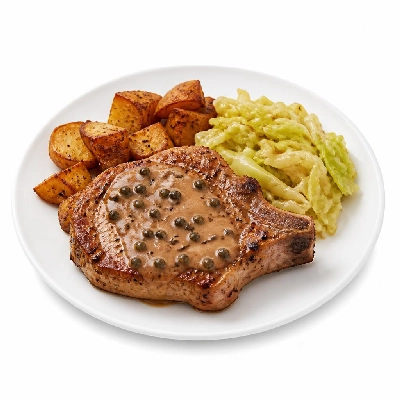 HelloFresh Bone-in Pork Chops with Shallot-Peppercorn Sauce Butter-Braised Cabbage and Crispy Potatoes